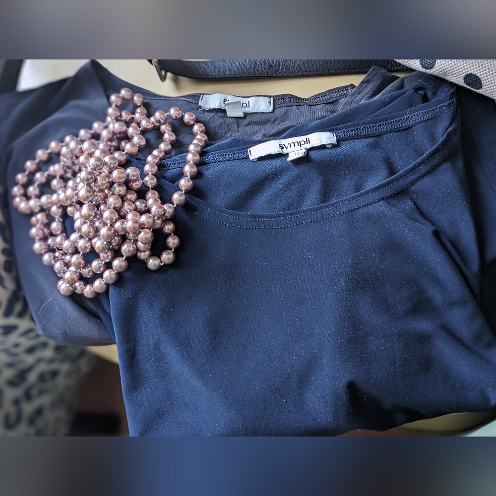 Lot Of Two Sympli Tops Blue And Gray with Pink Beaded Necklace